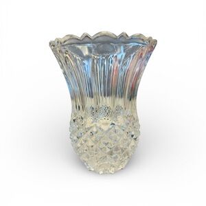 Vintage Clear Cut Glass Vase 6” Scalloped Rim Diamond Pattern Clear Cut Glass